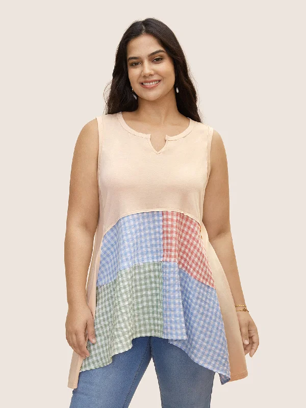 Notched Collar Gingham Contrast Patchwork Tank Top