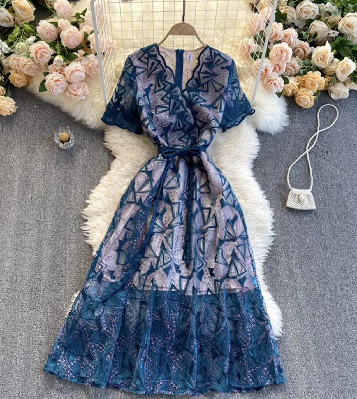 Blue v neck lace dress party dress  800