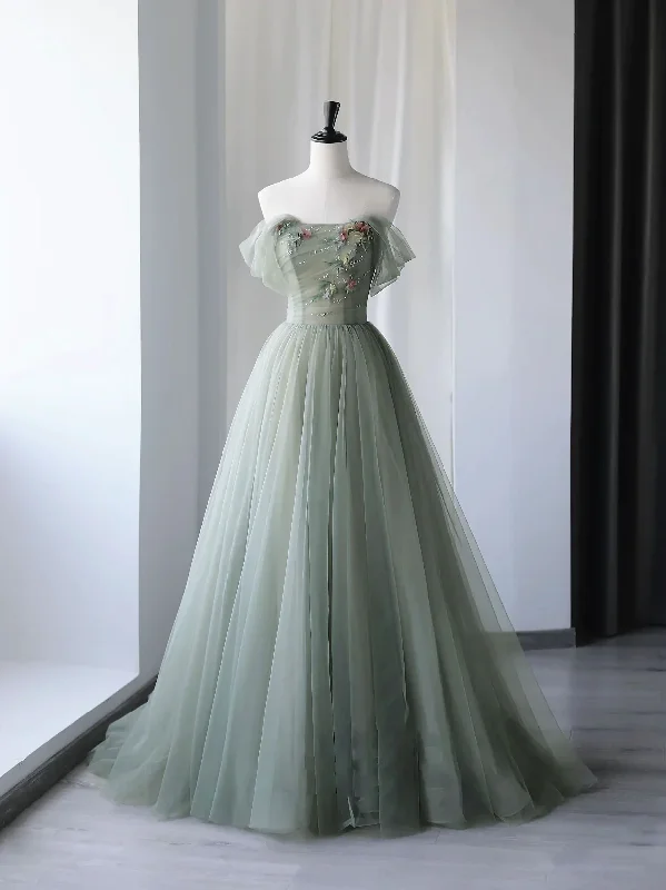 Green beautiful charming applique tulle long tulle prom dress evening gown party dress gh2422