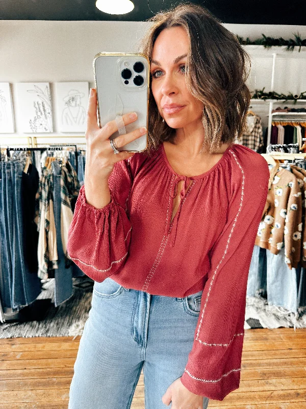 Long Sleeve Split Neck Raglan Blouse