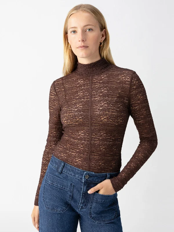 Long Sleeve Textured Mock Neck Top Brown Sugar