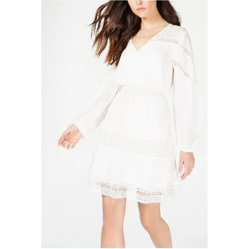 Guess Women's Short Length Patterned Long Sleeve V Neck Short A Line Party Dress White Size Small