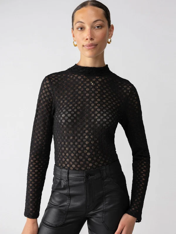 Long Sleeve Lace Mock Neck Top Black