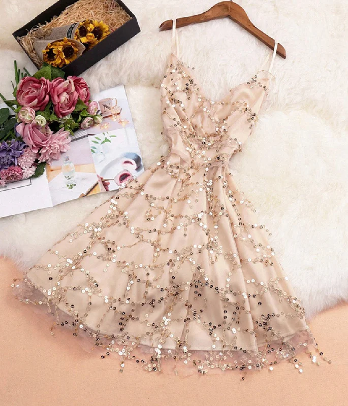 Stylish v neck tulle sequins short dress party dress  1131