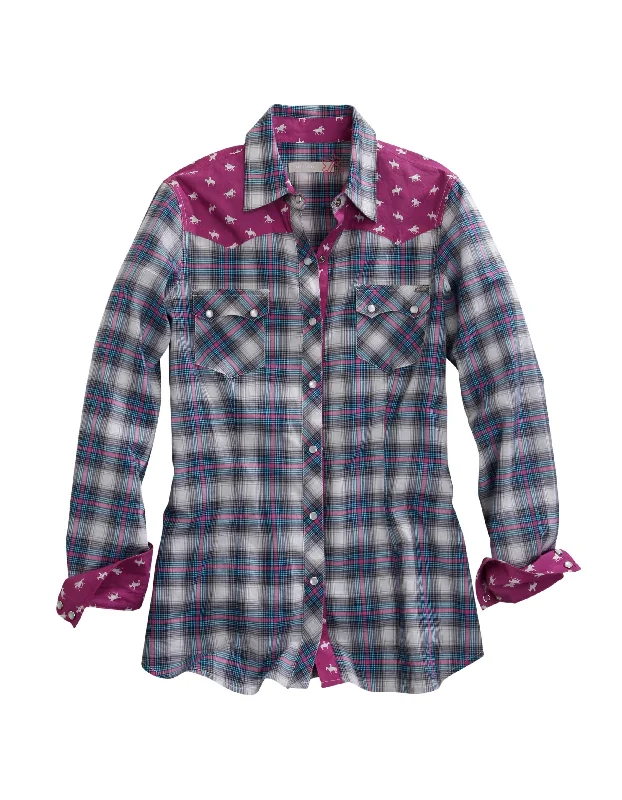 WOMENS STAR OMBRE PLAID LONG SLEEVE WESTERN SNAP SHIRT