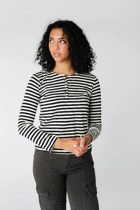 Stripe Button Long Sleeve Tee