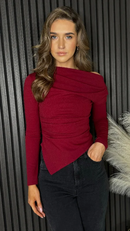 Safiya Burgundy Asymmetric Neckline Long Sleeve Top