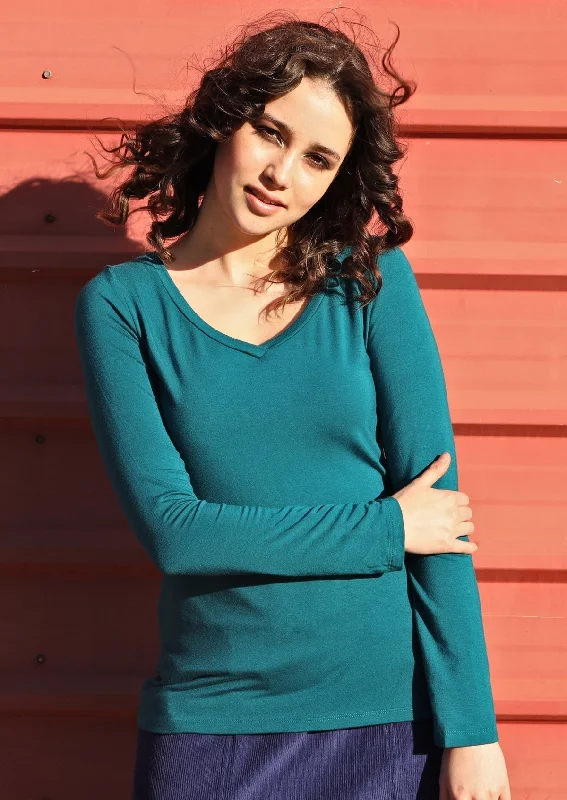 Long Sleeve Stretch V-neck Top Teal