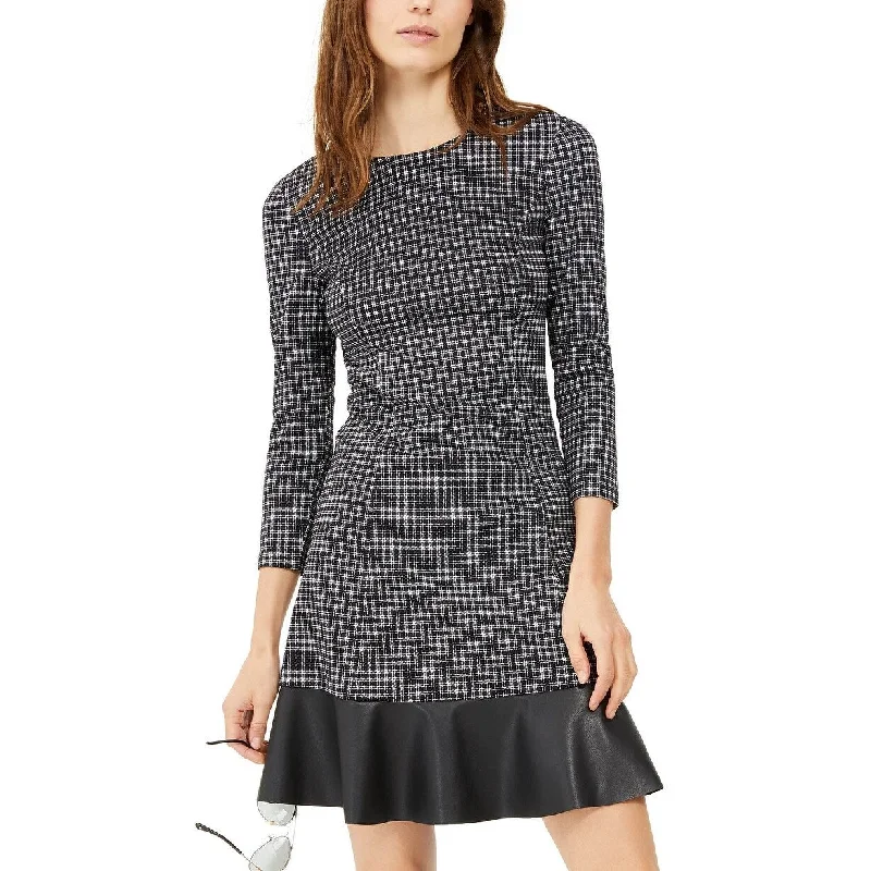 Michael Kors Women's Faux Leather Plaid 3/4 Sleeve Jewel Neck Short Fit Flare Party Dress Silver Size Medium