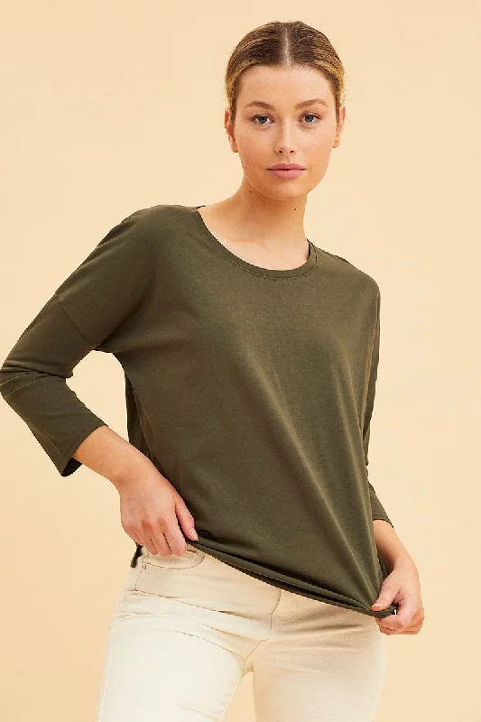 Green Cotton Top 3/4 Sleeve Drop Shoulder Relaxed Fit