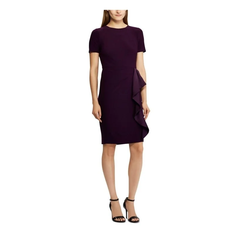 Ralph Lauren Women's Purple Ruffled Short Sleeve Jewel Neck Above The Knee Sheath Party Dress Petites Purple Size 4