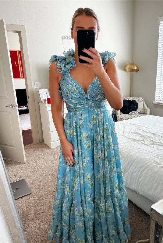 Blue elegant chiffon floral long prom dress evening gown garden party dress gh2800