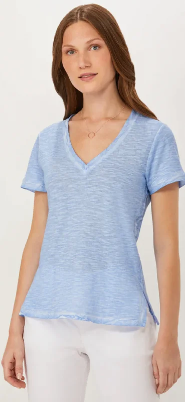 ECRU-V Neck T with Woven Trim Cornflower Blue