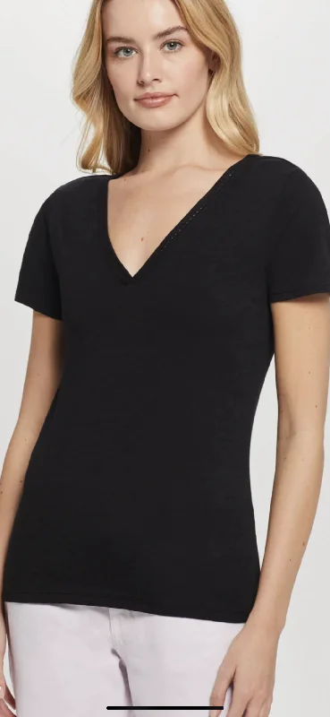 GOLDIE-Link Embroidery V Neck Ringer Tee Black