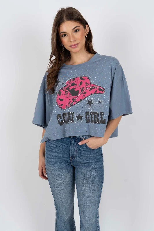 Rhinestone Cowgirl Hat Tee (Dusty Blue)