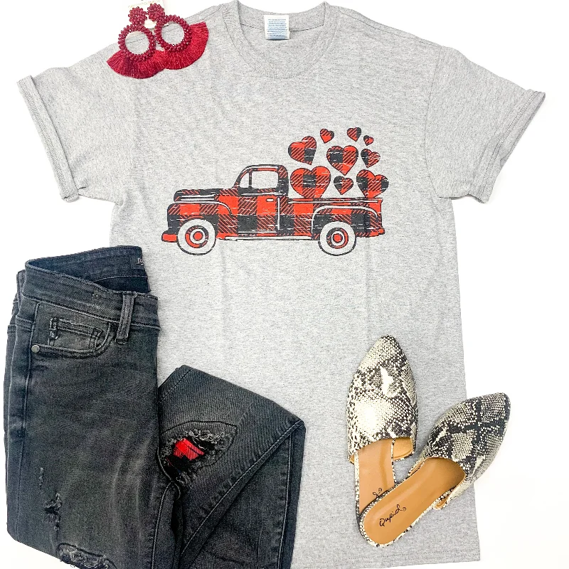 Youth Large | Take My Love For A Ride Buffalo Plaid Pickup Truck with Hearts Graphic Tee in Grey | ONLY 1 LEFT!