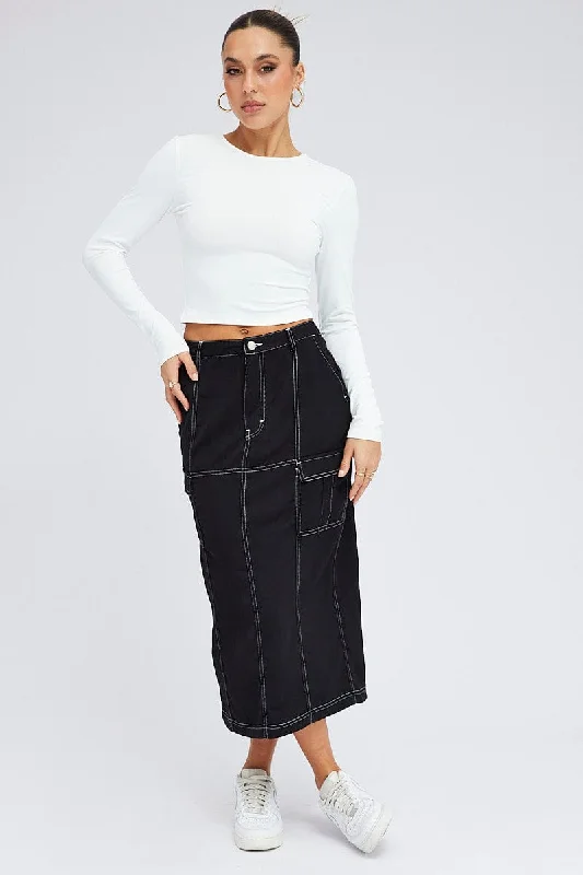 Black Cargo Skirt Mid Rise Contrast Detail Utility