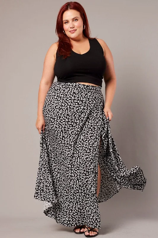 Black Ditsy Wrap Maxi Skirt