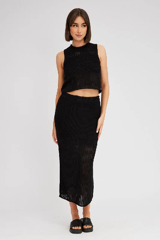 Black Knit Skirt Midi Crochet