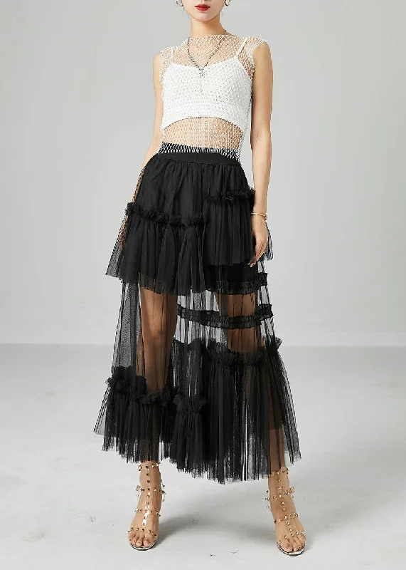 Black Patchwork Tulle A Line Skirts Wrinkled Exra Large Hem Summer