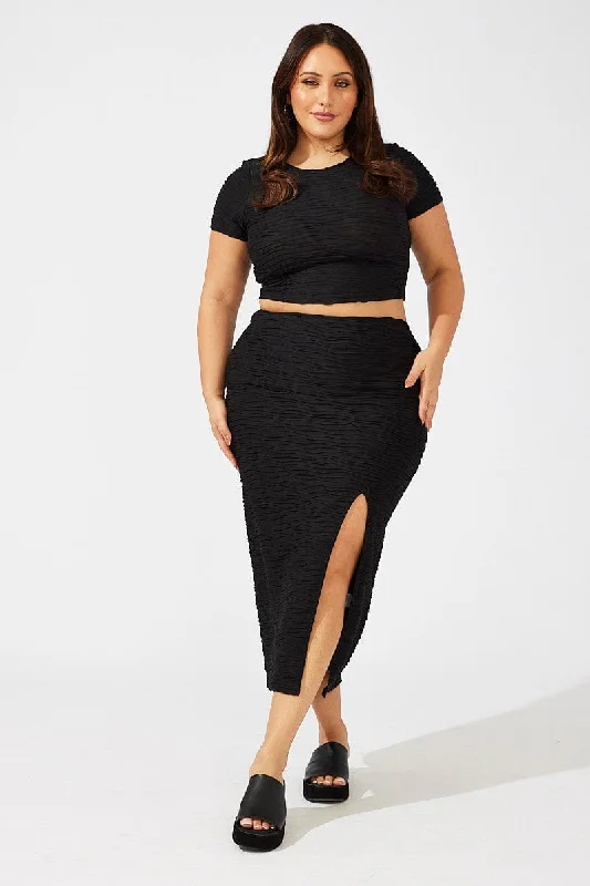 Black Wavy Texture Bodycon Split Skirt