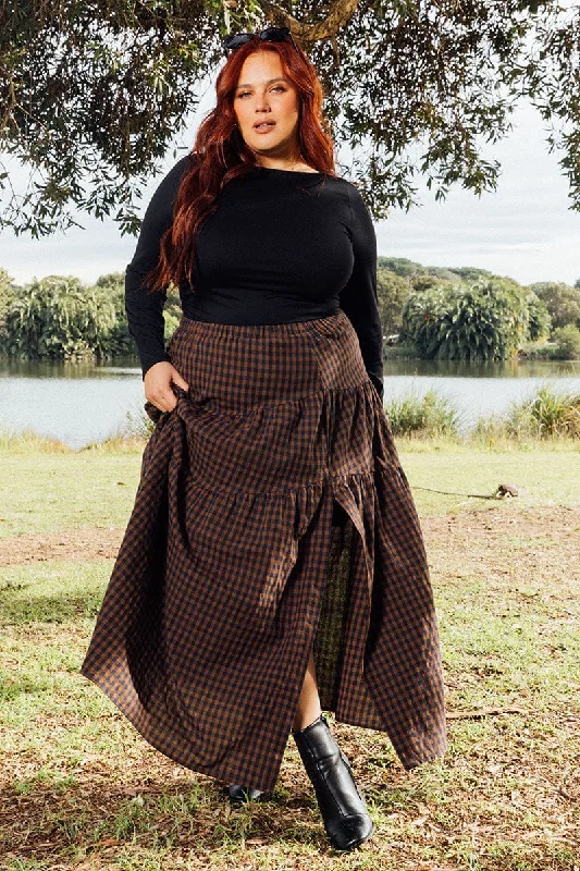 Brown Check Check Maxi Skirt