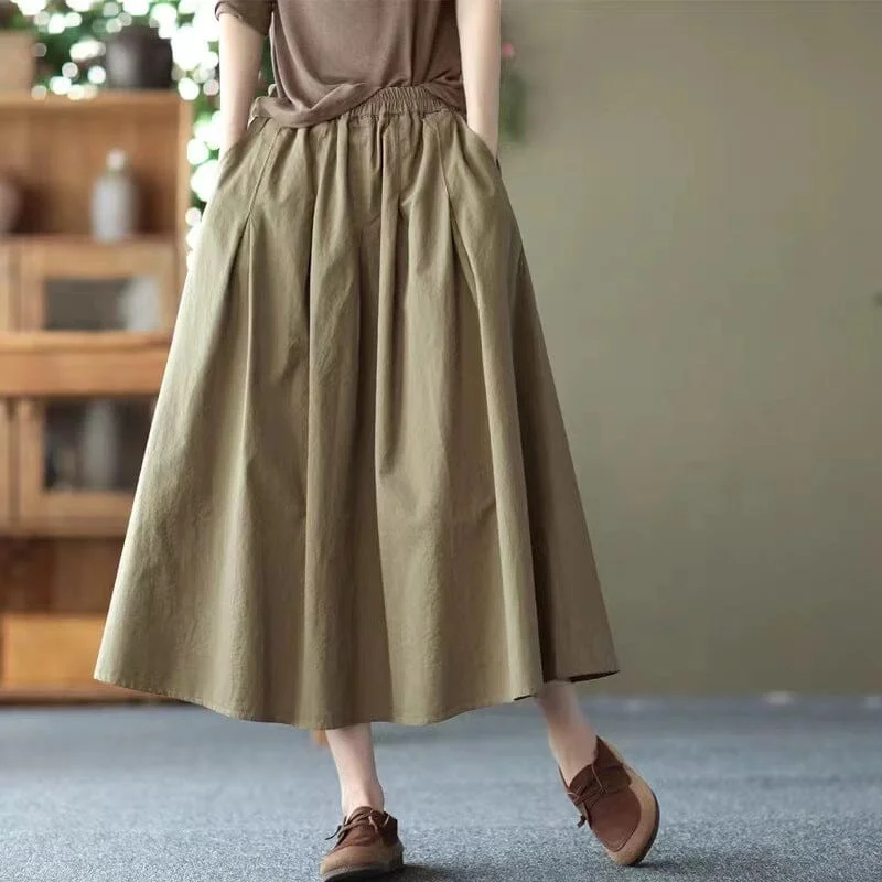 Spring Summer Retro Cotton Solid Skirt