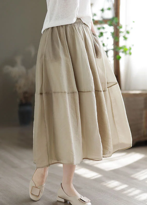 Women Khaki Elastic Waist Patchwork Organza Skirts Spring