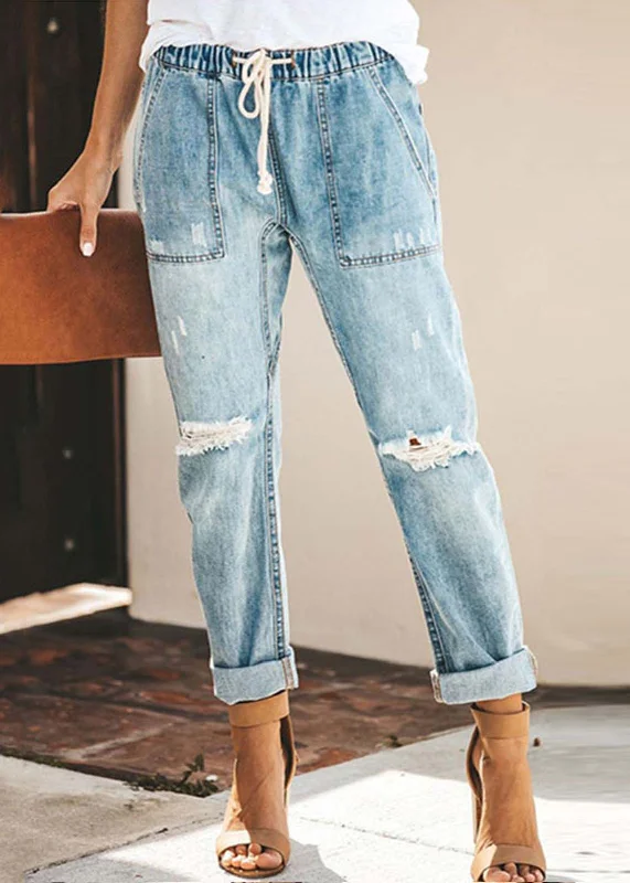 Casual Blue Elastic Waist Ripped Denim Harem Pants Summer