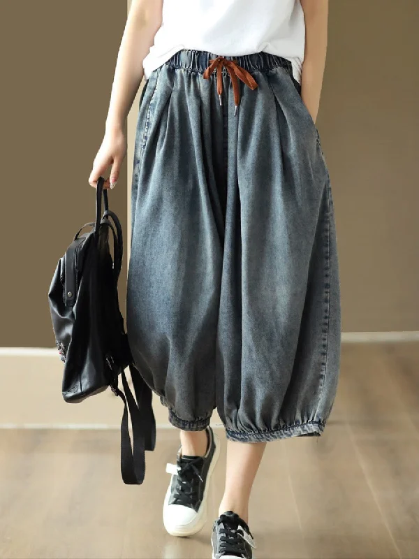 Casual Solid Color Drawstring Pocket Denim Harem Pants