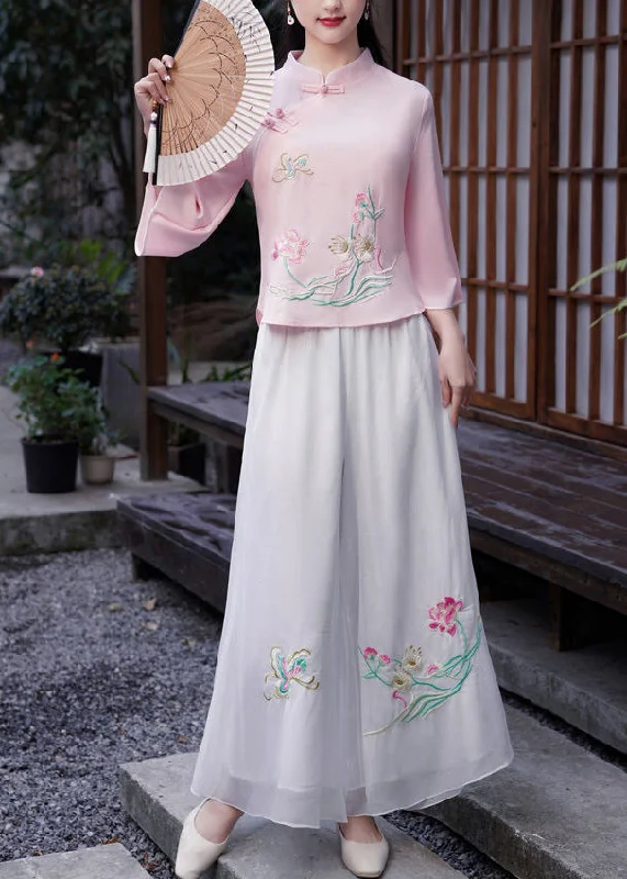 Casual White Elastic Waist Embroideried Chiffon Wide Leg Pants Spring