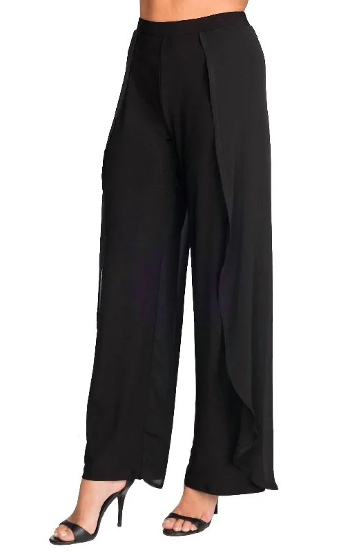 Pants With Chiffon Drapes In Black