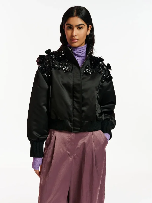 Bomber in raso con Paillettes e Strass Nero