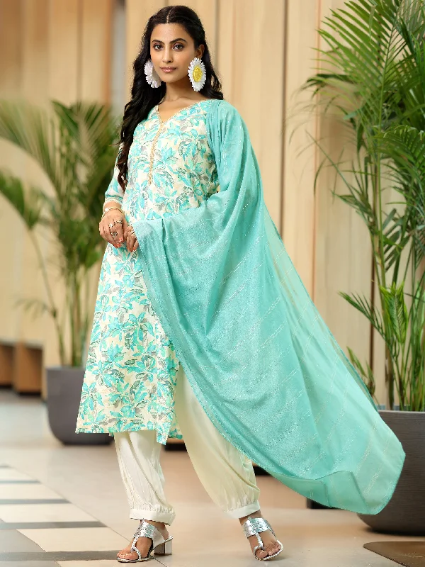 Blue Printed Cotton Blend Straight Suit With Dupatta