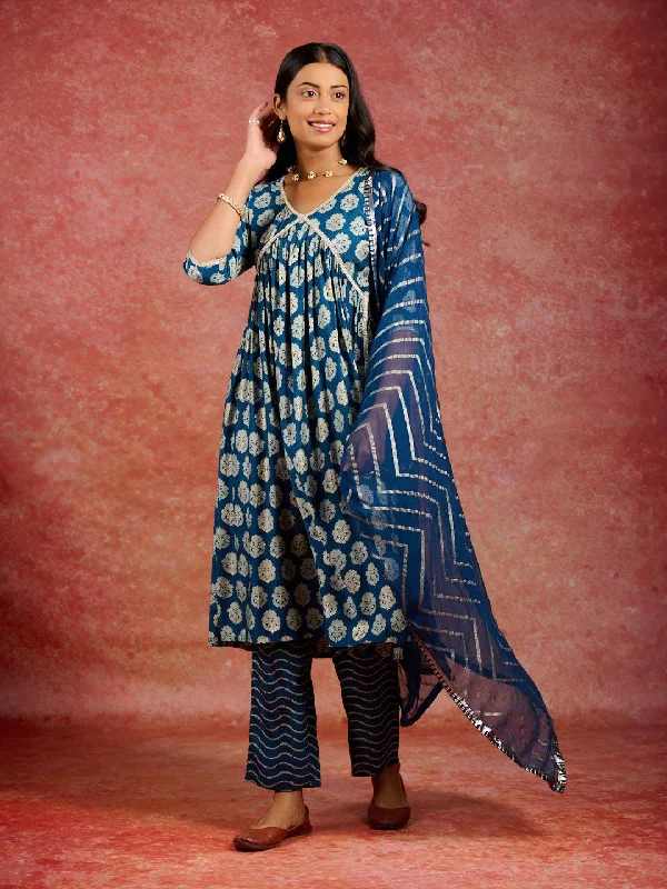 Blue Printed Silk Blend A-Line Kurta With Trousers & Dupatta