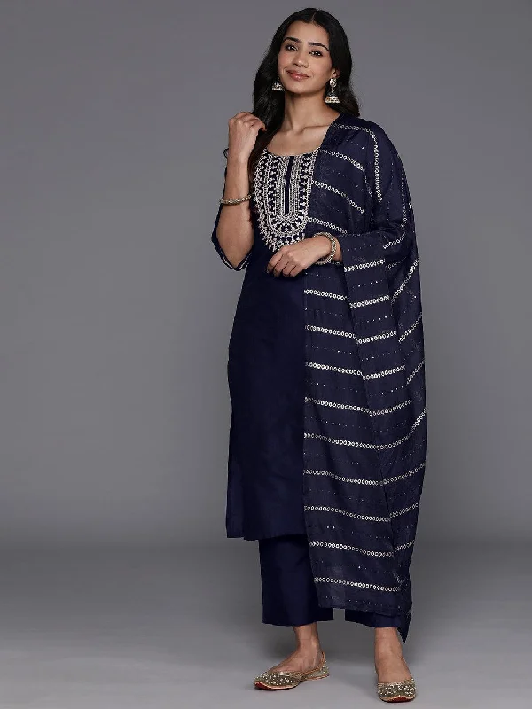 Blue Yoke Design Silk Blend Straight Suit With Dupatta