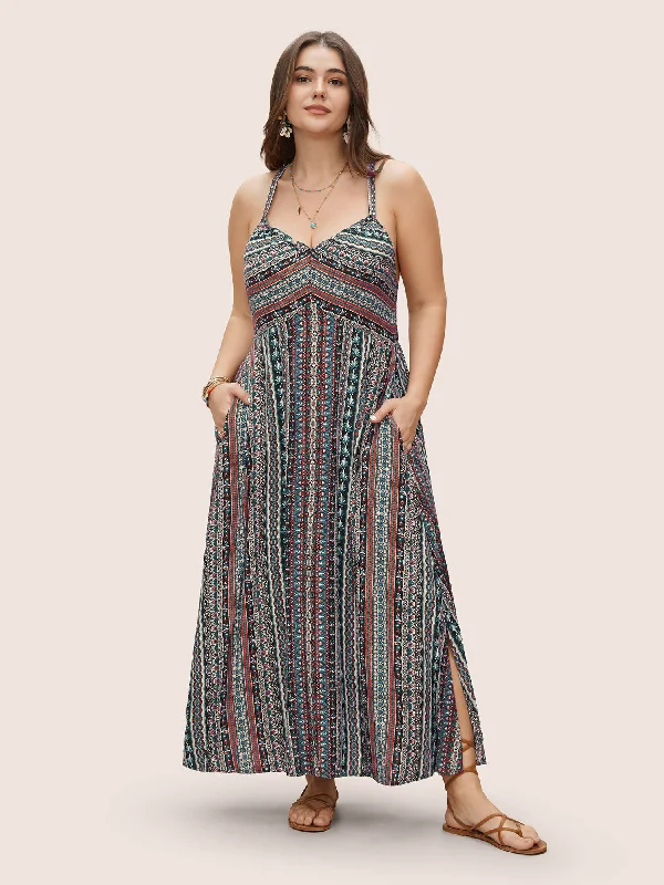 Boho Print Elastic Waist Split Hem Cami Dress