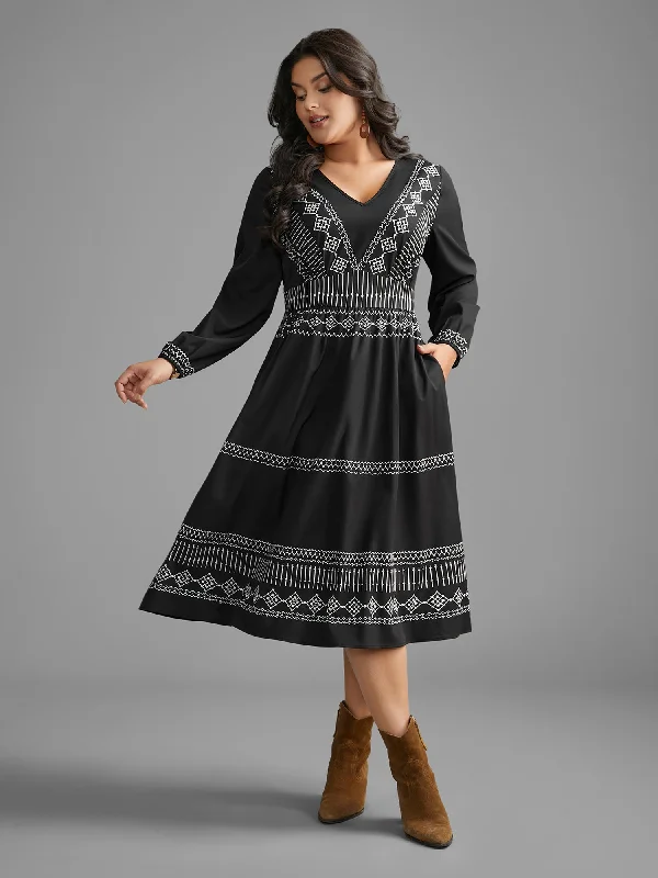 Boho Print V Neck Shirred Dress