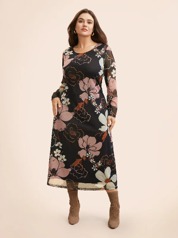 Crew Neck Floral Mesh Dress