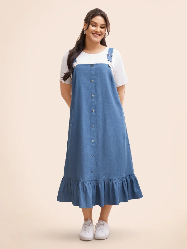 Denim Ruffle Trim Button Detail Dress