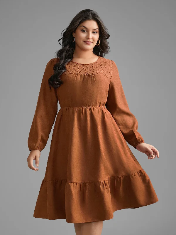 Faux Suede Lace Panel Lantern Sleeve Dress