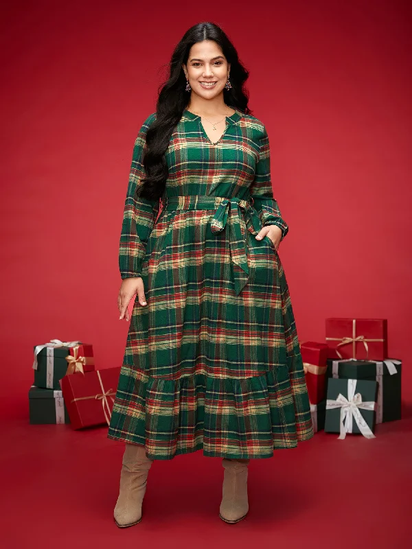 Festive Notched Collar Plaid Dress