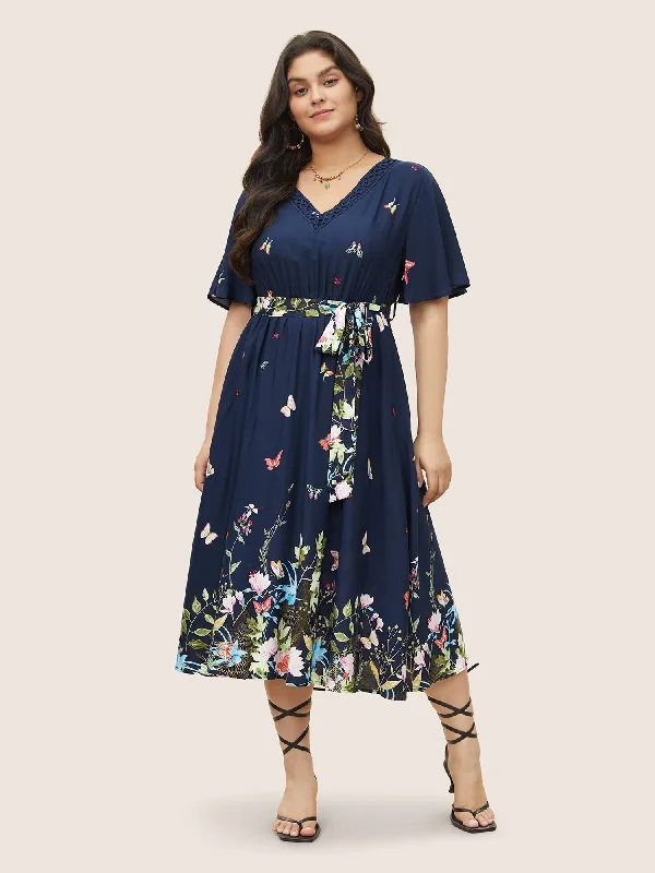 Floral & Butterfly Print Contrast Lace Pocket Belted Ruffles Dress