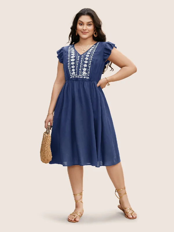 Floral Embroidered V Neck Ruffle Cap Sleeve Dress