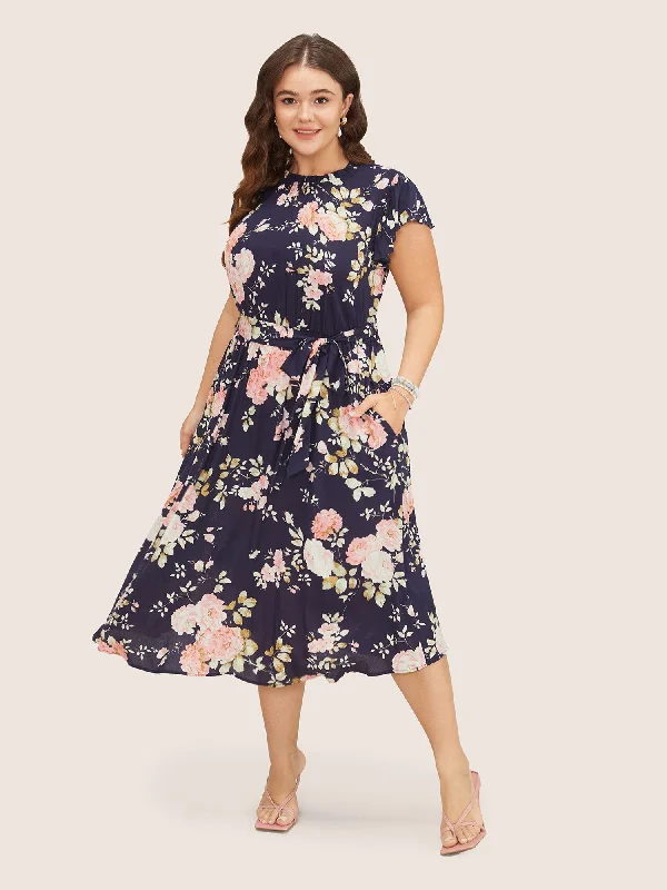 Floral Frill Trim Mock Neck Pocket Ruffle Belted Cap Sleeve Dress