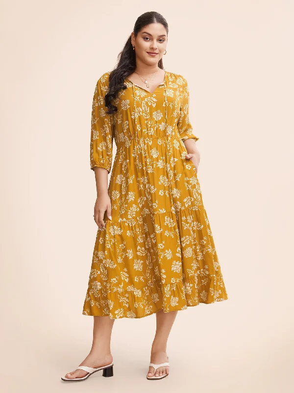 Floral Lantern Sleeve Ruffle Layered Hem Dress