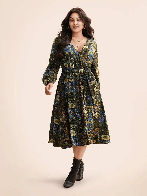 Floral Overlap Collar Belted Dress