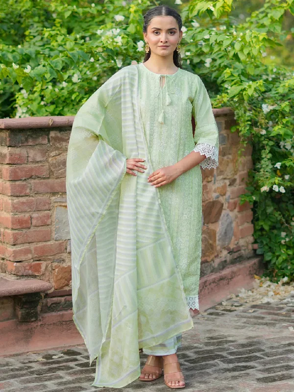 Green Embroidered Cotton Blend Straight Suit With Dupatta