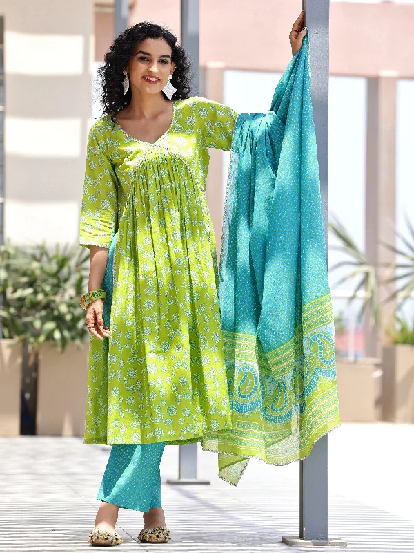 Green Printed Cotton A-Line Kurta With Palazzos & Dupatta