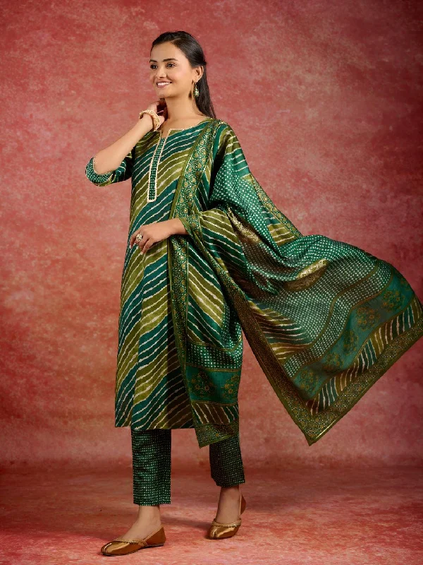 Green Printed Silk Blend Straight Suit With Dupatta